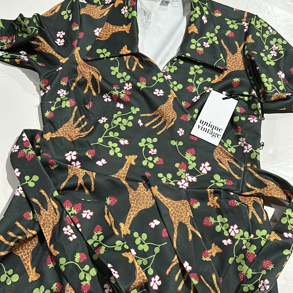 Green Giraffe & Strawberry Print Wrap Dress - Picture 6 of 15
